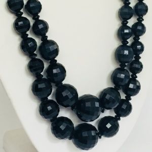 VINTAGE FACETED BLACK GLASS ROUND GRADUATED BEADS